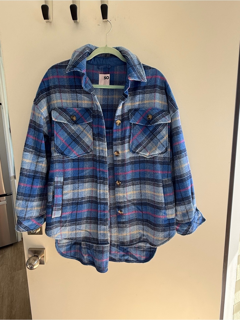 SO Blue Plaid Shacket with Pink Accents